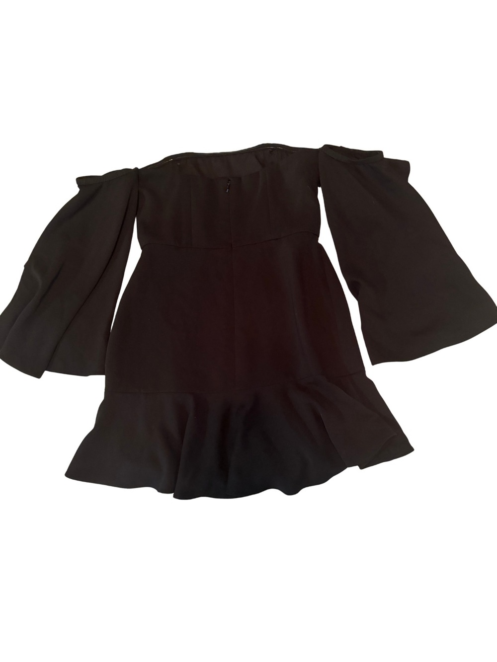 BCBGMAXAZRIA Simone Off-Shoulder Bell Sleeve Peplum Hem Mini Dress Black Size 10 - Picture 3 of 13